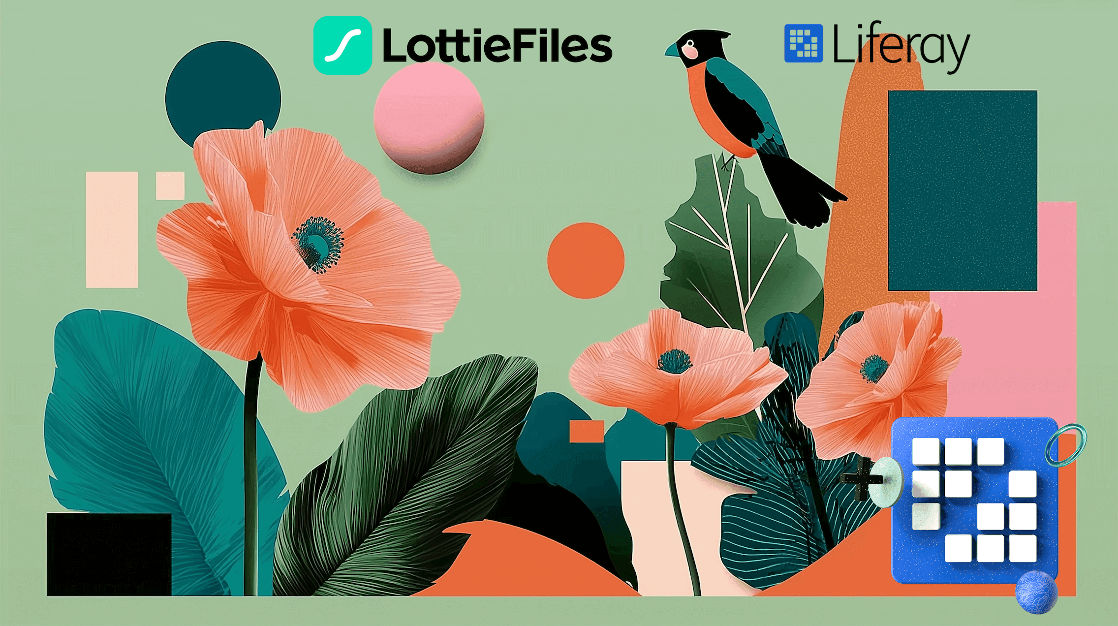 background image of flowers and bird with lottiefiles logo & liferay logo